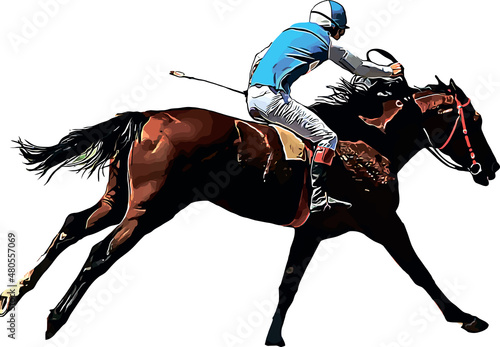 Racehorse with jockey at races. Isolated on a white background