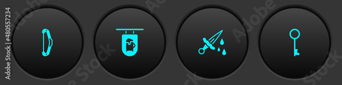Set Medieval bow, Street signboard with Bar, Sword blood and Old key icon. Vector
