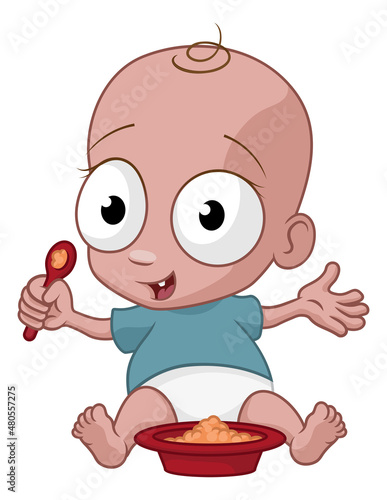 Cute Cartoon Baby Eating Fo...