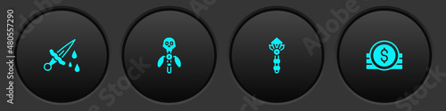 Set Sword with blood, Magic staff, wand and Ancient coin icon. Vector