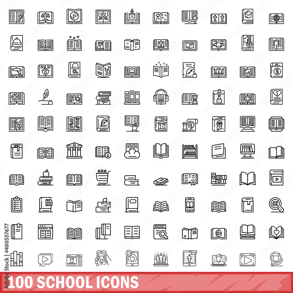 100 school icons set, outline style 100 school icons set, outline style