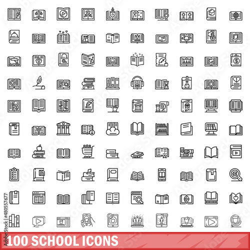 100 school icons set, outline style