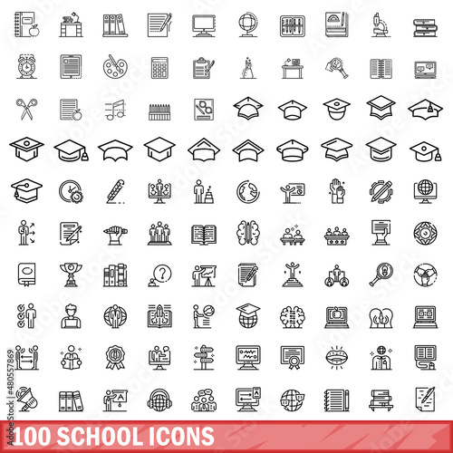 100 school icons set, outline style