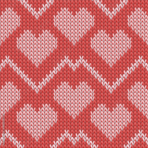 Hygge heart knit norwegian vector seamless pattern. Knitted texture valentine ornament.