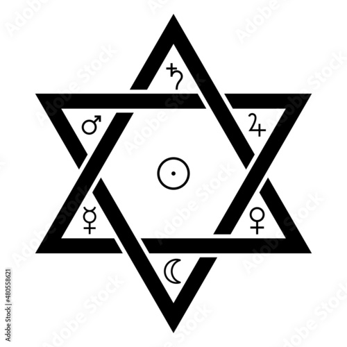 The classical astrological planet symbols in the Seal of Solomon. Hexagram shaped symbol, Attributed to King Solomon, from which it developed in Islamic and Jewish mysticism, and in Western occultism.