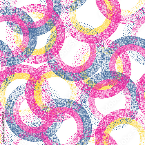 Circle ring shapes of dots contemporary vector seamless pattern.