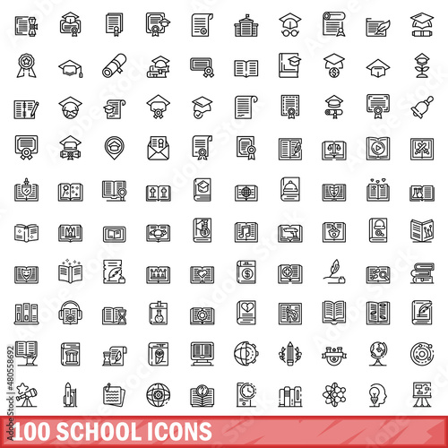 100 school icons set, outline style