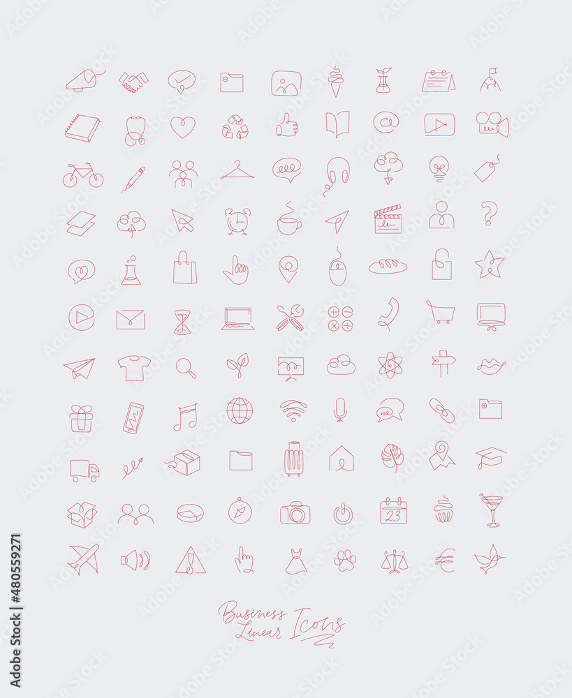 Minimalist linear icons for business drawing with red lines on white background. Minimalist linear icons for business drawing with red lines on white background.