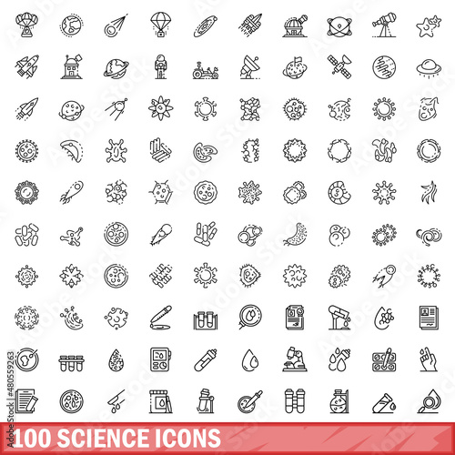 100 science icons set, outline style
