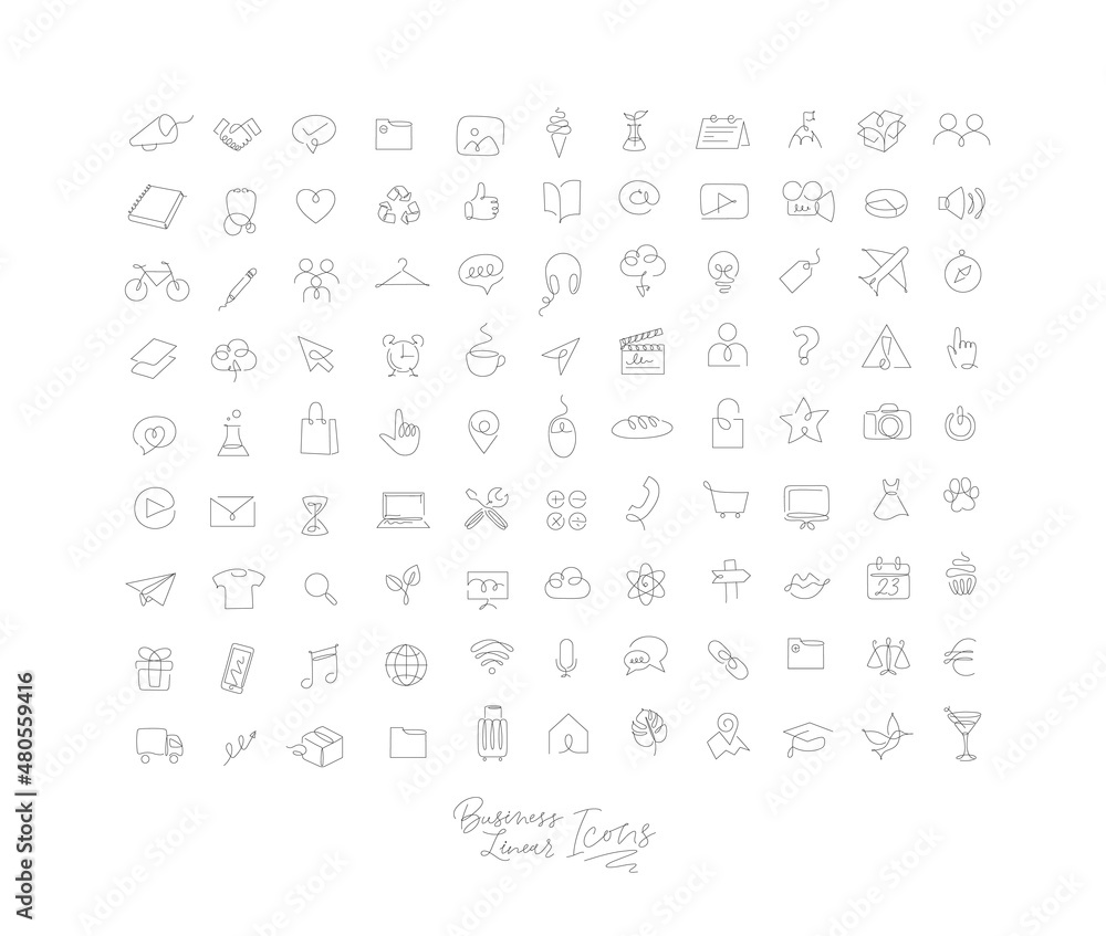 Minimalist linear icons for business drawing with black lines on white background.