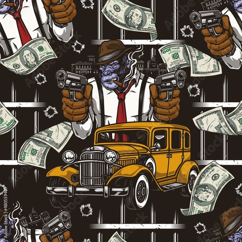 Gorilla gangster and money seamless pattern