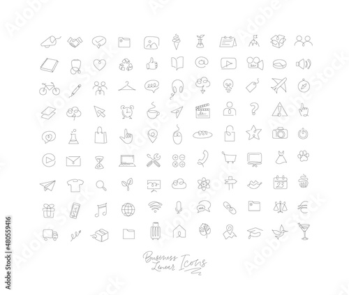Minimalist linear icons for business drawing with black lines on white background.