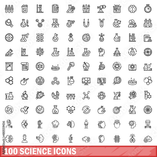 100 science icons set, outline style