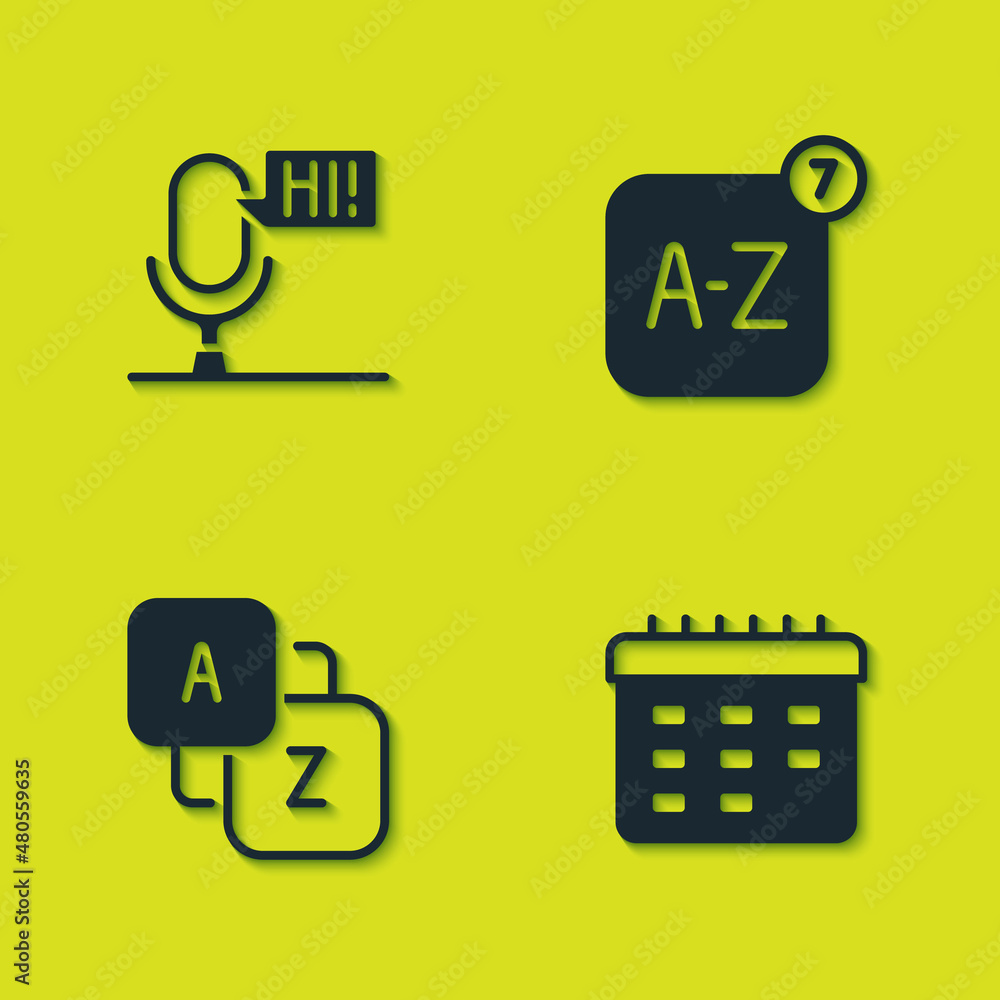 Set Microphone voice device, School timetable, Vocabulary and Online translator icon. Vector Set Microphone voice device, School timetable, Vocabulary and Online translator icon. Vector