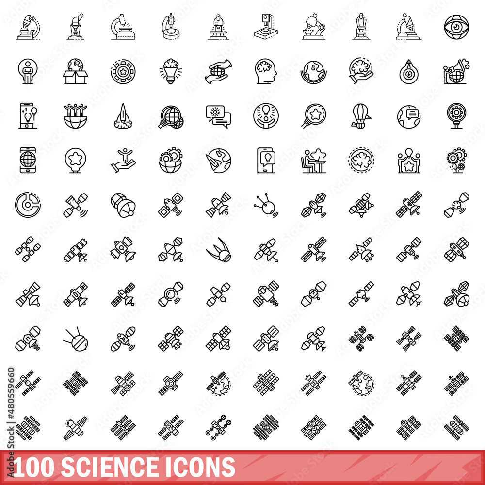 100 science icons set, outline style 100 science icons set, outline style