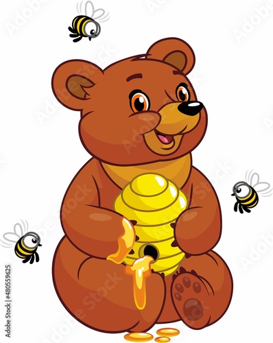 Bear eats honey from the beehive. On a white background, surrounded by bees.