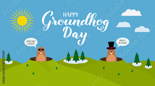 Groundhog Day banner with calligraphy hand lettering and cute cartoon marmots crawling out of hole. Two versions sunny or cloudy day. Vector template for greeting card, poster, flyer, etc