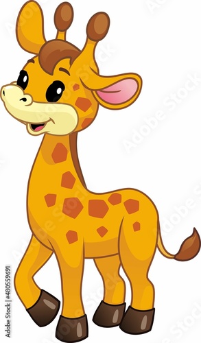 Cheerful baby giraffe. On white background.