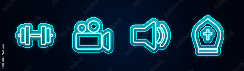 Set line Dumbbell, Movie or Video camera, Speaker volume and Pope hat. Glowing neon icon. Vector