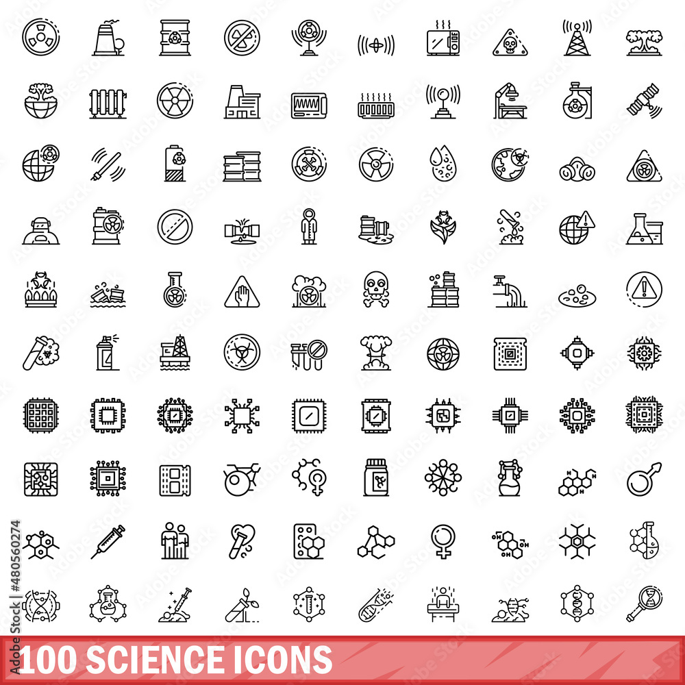 100 science icons set, outline style