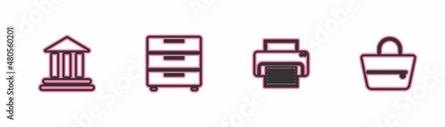 Set line Bank building, Printer, Furniture nightstand and Handbag icon. Vector