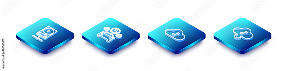 Set Isometric line Hard disk drive on sharing network, Car, Music streaming service and Cloud download music icon. Vector