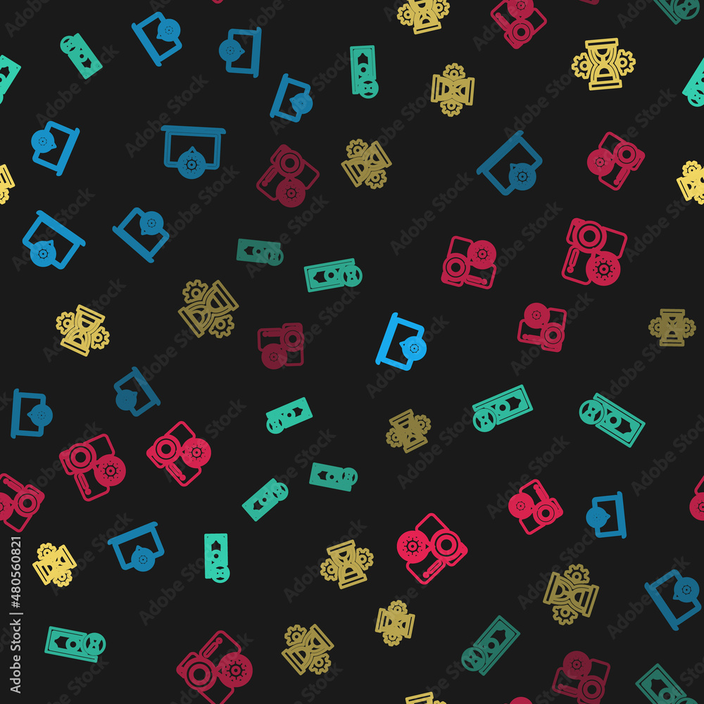 Set line Laptop setting, Fast payments, Hourglass and Video camera on seamless pattern. Vector