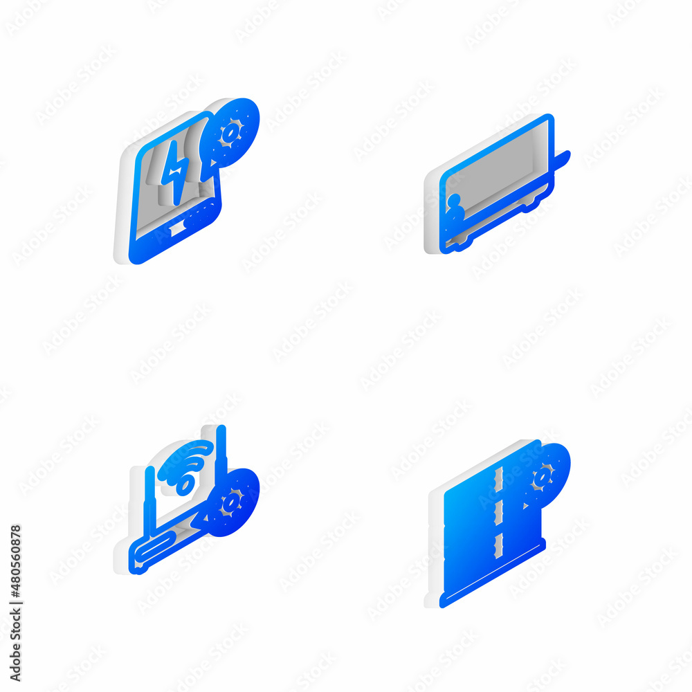 Set Isometric line Toaster, Power bank setting, Router and wi-fi and Server icon. Vector Set Isometric line Toaster, Power bank setting, Router and wi-fi and Server icon. Vector