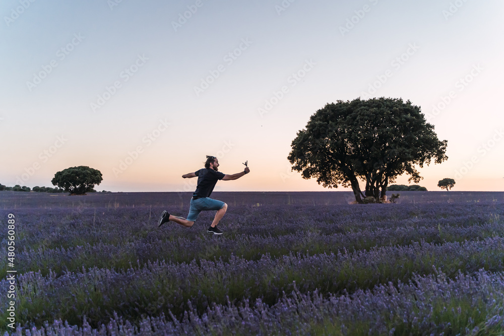 Man jumps in a lavender field