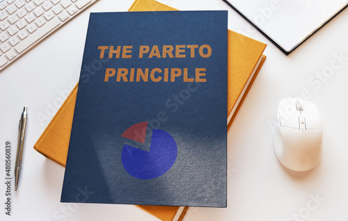 The pareto principle book illustration, office background, top view.