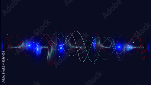 Glowing sound wave with dotted frequency lines and neon effects style.