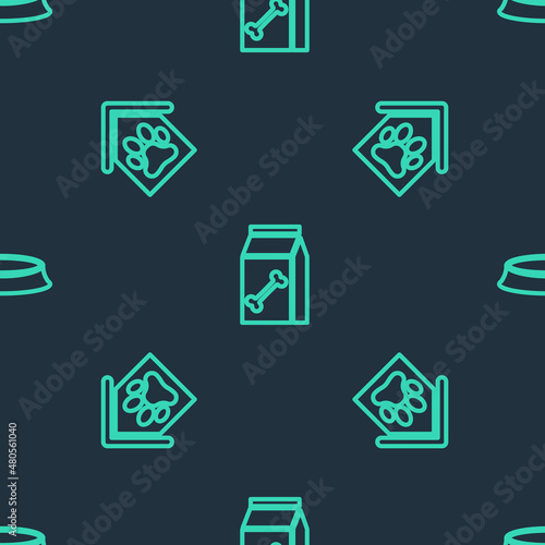 Set line Bag of food for pet, Dog house and paw print and Pet bowl on seamless pattern. Vector