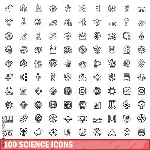 100 science icons set, outline style