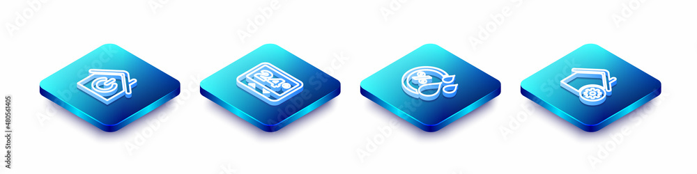Set Isometric line Smart home, Thermostat, Humidity and settings icon. Vector Set Isometric line Smart home, Thermostat, Humidity and settings icon. Vector