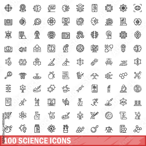 100 science icons set, outline style