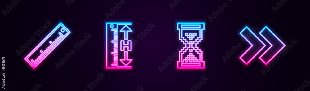 Set line Ruler, Measuring height and length, Hourglass pixel and Arrow. Glowing neon icon. Vector Set line Ruler, Measuring height and length, Hourglass pixel and Arrow. Glowing neon icon. Vector