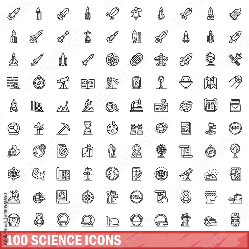 100 science icons set, outline style
