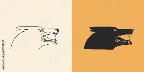 Hand drawn vector abstract stock flat graphic illustration with minimal logo elements collection set,occult mystery dog head line drawing and silhouette,magic art in simple style for branding