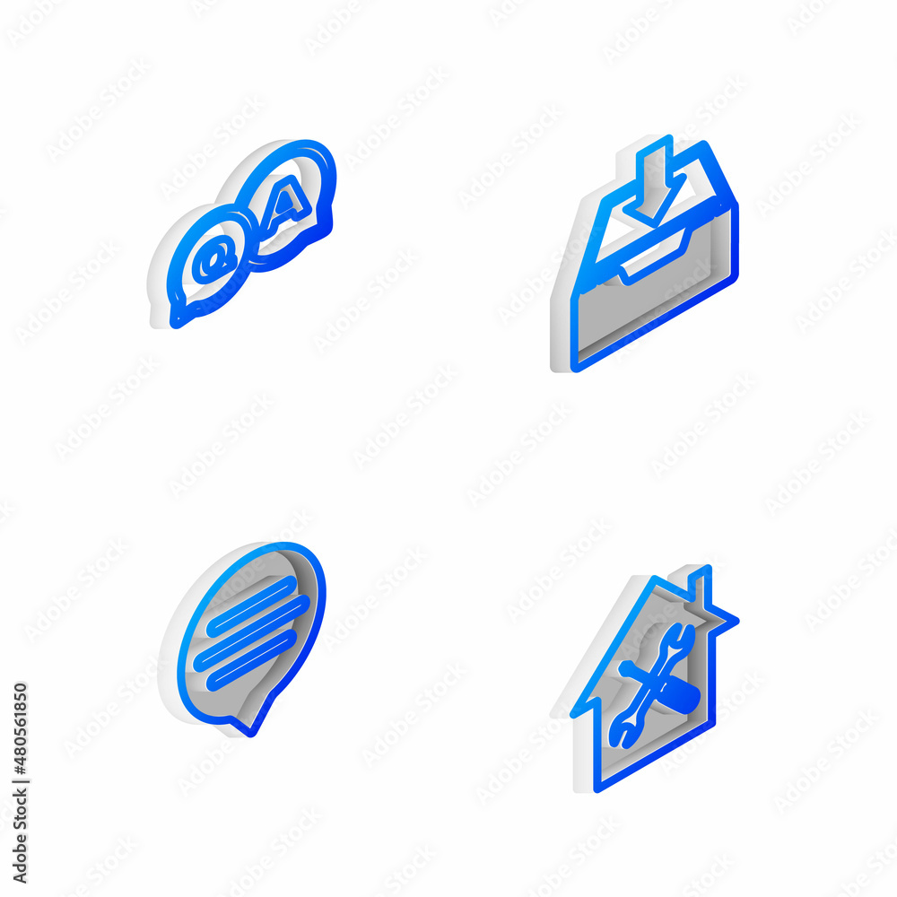 Set Isometric line Download inbox, Question and Answer, Speech bubble chat and House service icon. Vector Set Isometric line Download inbox, Question and Answer, Speech bubble chat and House service icon. Vector