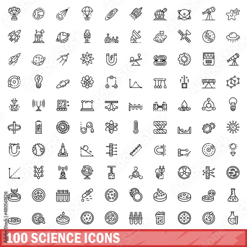 100 science icons set, outline style