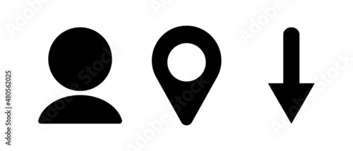 人物とマップピンと矢印のシルエットアイコンセット。ベクター。
