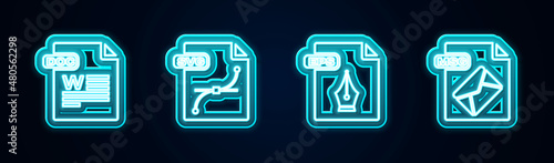 Set line DOC file document, SVG, EPS and MSG. Glowing neon icon. Vector