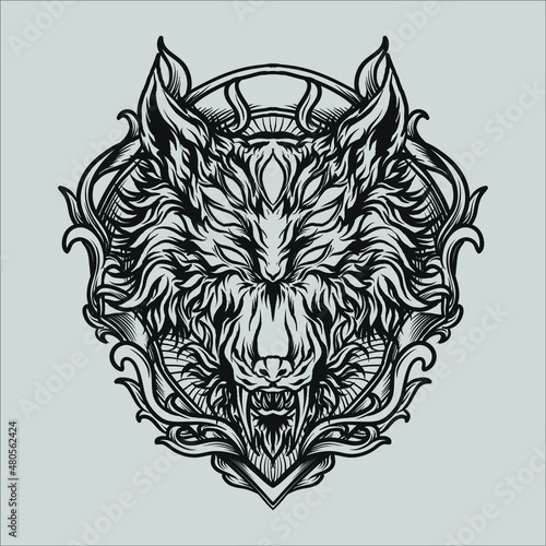 tattoo and t shirt design black and white hand drawn alien wolf