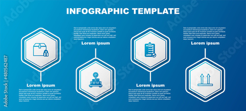 Set line Locked package, Scale with cardboard box, Verification of delivery list and This side up. Business infographic template. Vector