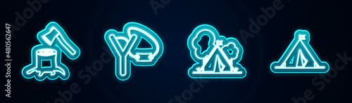 Set line Wooden axe in stump, Slingshot, Tourist tent with flag and . Glowing neon icon. Vector