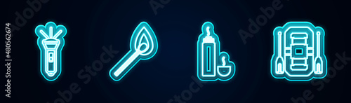 Set line Flashlight, Burning match with fire, Thermos container and Rafting boat. Glowing neon icon. Vector