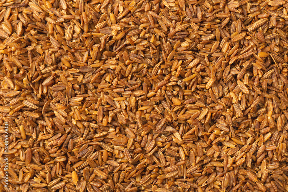 Full frame food backgroud of roasted cumin seeds, top view