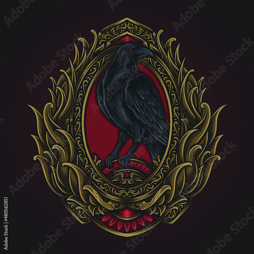 artwork illustration and t shirt design skeleton crow engraving ornament