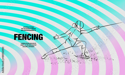 Female fencer in an attacking pose. Vector outline of fencing sport illustration.