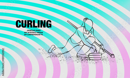 Curling winter sport. Girl holds curling stone. Vector outline of Curler athlete illustration.